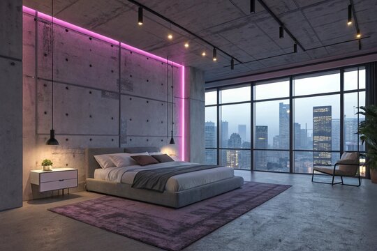 A modern loft-style bedroom featuring exposed concrete, soft neon lighting, and a minimalist design. Ideal for architecture and interior concept visuals