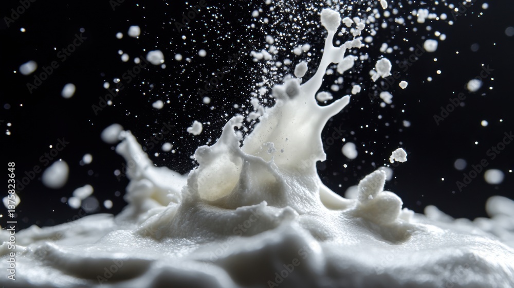 Poster a close-up shot of white foam splashing against a dark background, capturing dynamic movement and te