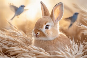Obraz premium Adorable Bunny in Glowing Meadow with Birds