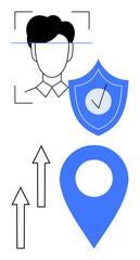 Face recognition, shield with checkmark, location pin, and upward arrows indicating security, tracking, progress, technology, identity protection analytics and growth. Ideal for privacy