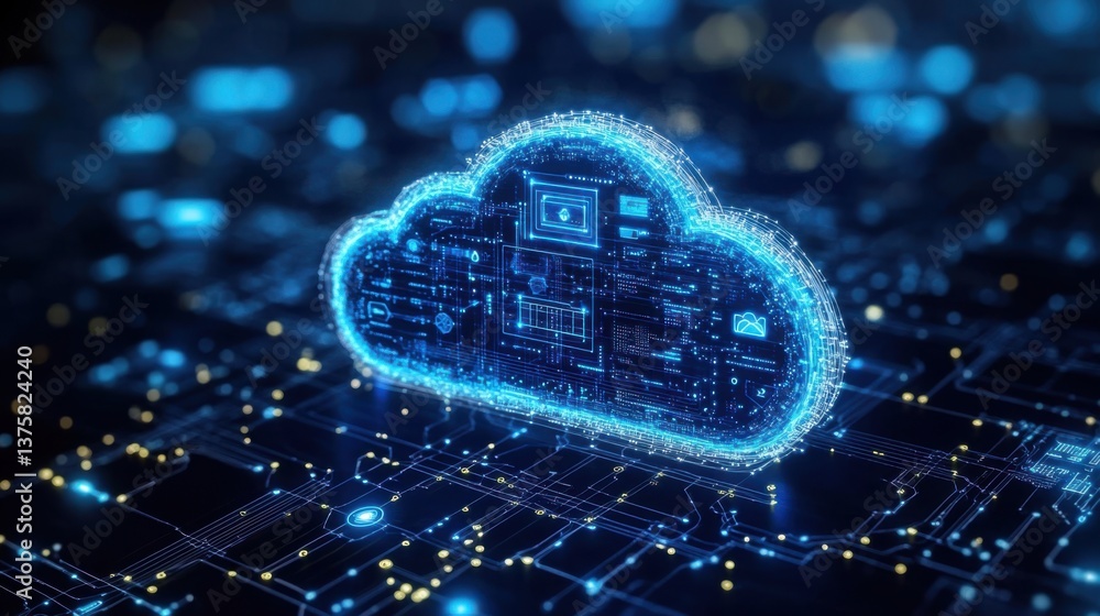 Poster a digital representation of a cloud symbol surrounded by data circuits, illustrating cloud computing