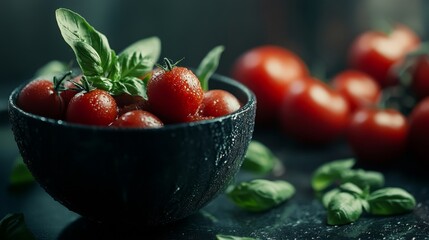 In the background of this close-up image, basil leaves and tomatoes accompany a bowl of tomato sauce