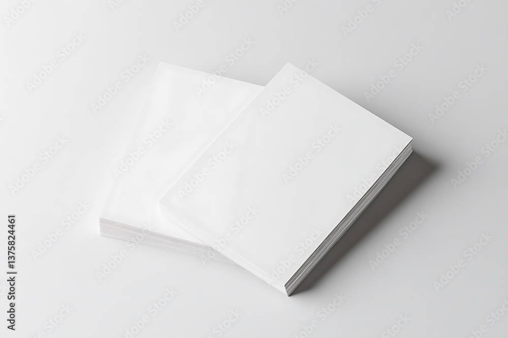 Poster stack of blank white paper sheets on a bright white background mockup surface