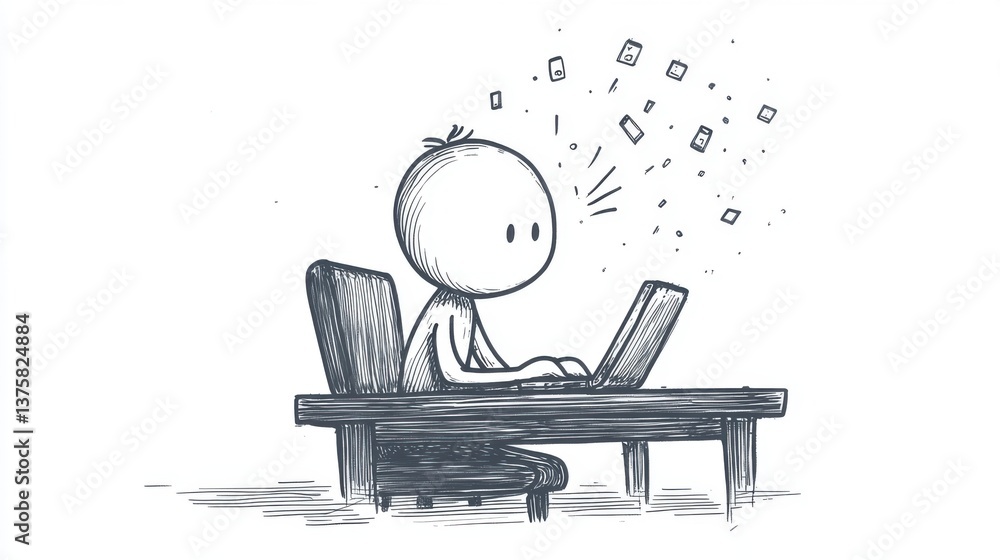 Poster a simple illustration of a character focused on a laptop, surrounded by floating square elements, su