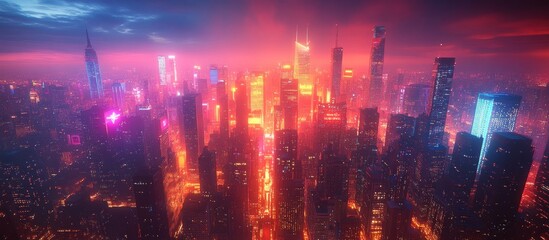 Fototapeta premium Aerial view of vibrant neon city at night