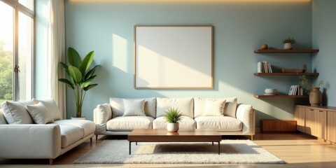 Serene Living Room with Neutral Tones and Sunlight Streaming Through a Large Window