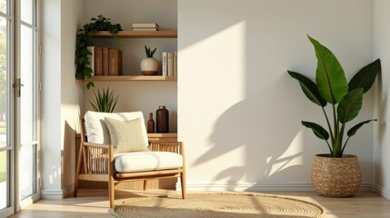 Fototapeta premium Sunlight streams into a serene living space featuring a minimalist armchair, a woven rug, and a potted plant, creating a calming and peaceful atmosphere.