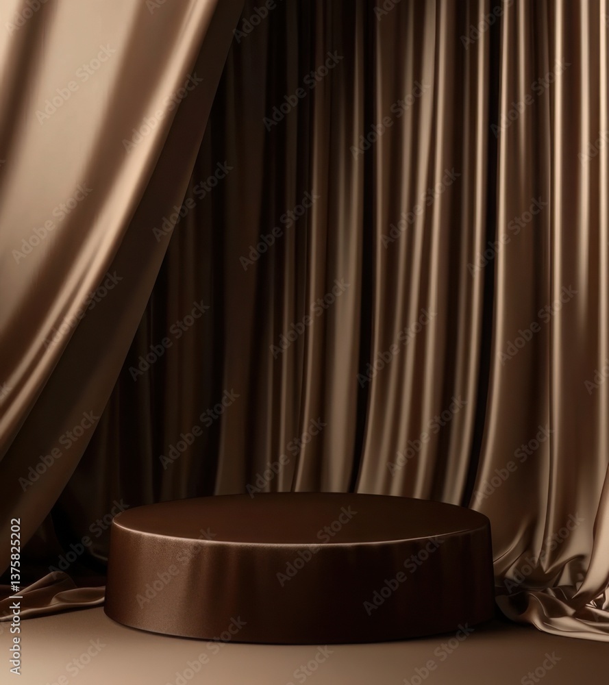 Poster elegant stage setup with smooth brown curtains and a circular platform for a performance or presenta
