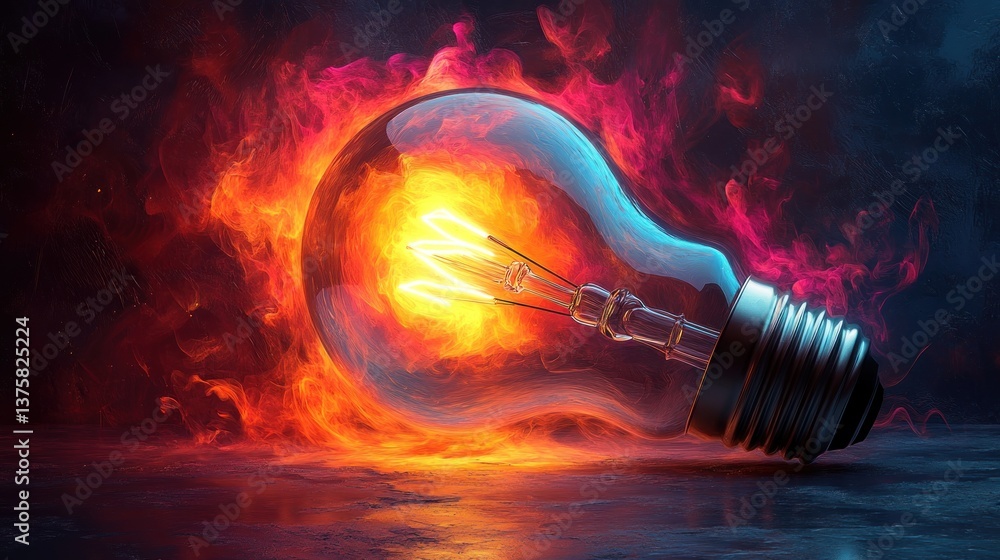 Poster burning incandescent lightbulb on dark surface with fiery background. possible use innovation concep