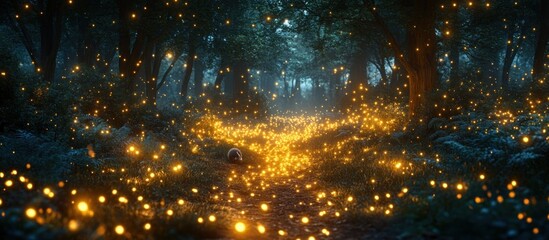 Naklejka premium Magical Firefly Forest Path at Night