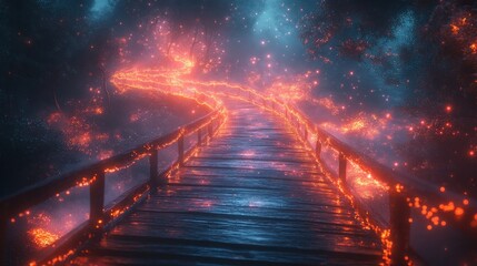 Mystical Wooden Bridge Pathway Through Forest at Night