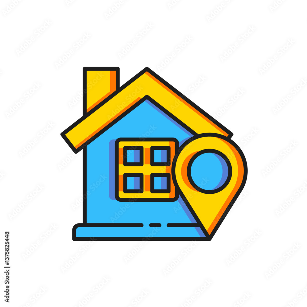 Poster color map pointer with house icon isolated on white background. home location marker symbol. flat fi