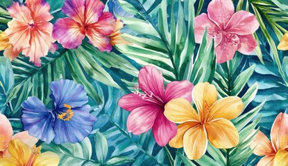 Vibrant tropical flower and leaf pattern