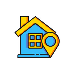 Color Map pointer with house icon isolated on white background. Home location marker symbol. Flat filled outline style with shadow. Vector