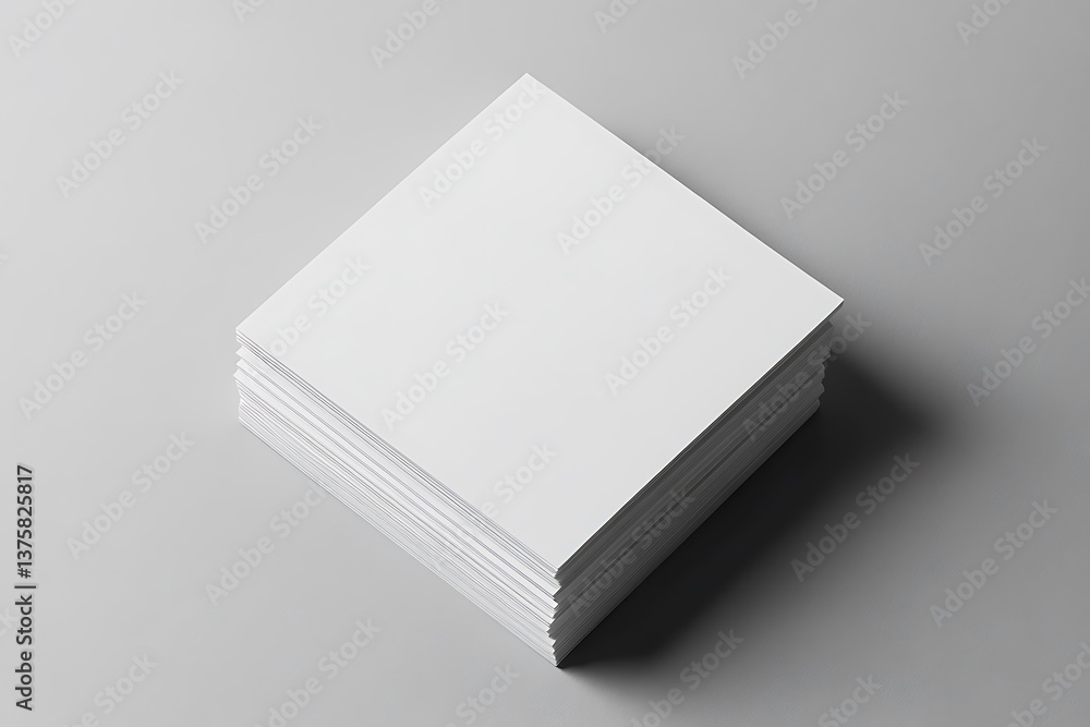 Poster stack of white paper sheets close up on gray backdrop minimalist style