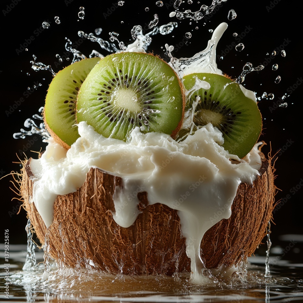 Poster a dynamic splash of coconut cream and kiwi slices, showcasing freshness and vibrancy against a dark 