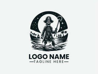 Obraz premium Zombie Pirate Hook Hand Moonlit Beach Vector Logo Design, Whimsical Zombie Pirate Beach Logo