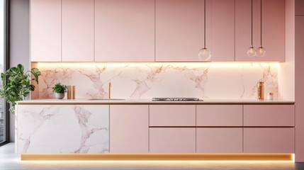 Modern kitchen design featuring pink cabinetry and sleek marble countertops with ambient lighting