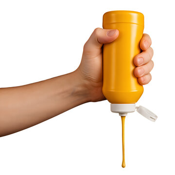 A hand squeezes a yellow bottle, pouring mustard sauce in a smooth stream.