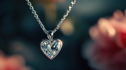 Delicate silver chain with a heart-shaped diamond pendant, suspended in air