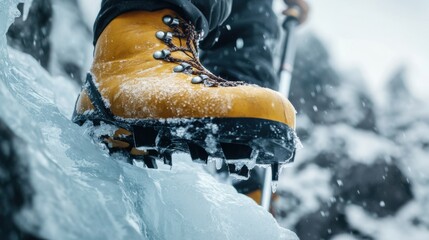 Climber using ice axes and crampons on icy terrain in a winter landscape during an adventurous ascent in a mountainous region