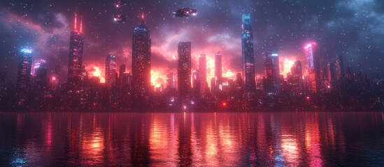 Fototapeta premium Neon Cityscape at Dusk with Fiery Skies