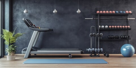 Modern home gym setup with treadmill, weights, and exercise equipment in a stylish interior