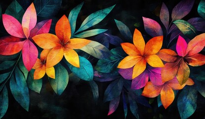Vibrant floral pattern with tropical leaves in a dark background.  Detailed illustration of colorful flowers and foliage, showcasing a variety of hues