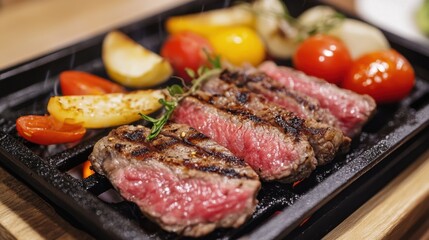 Electric grill sizzling with steak and vegetables, summer barbecue vibes