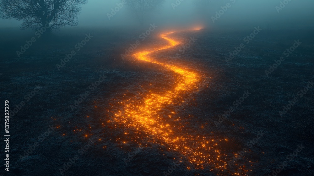 Poster misty field path glowing orange, trees in background