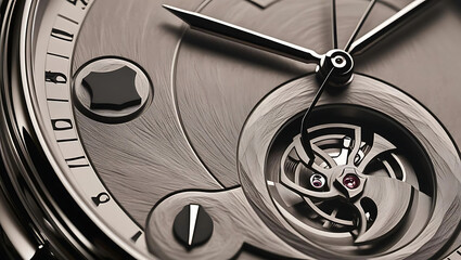 A close-up of a watch face, carefully rendered with precise charcoal detailing.  
