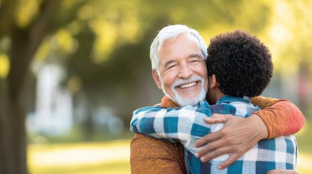 Cherished Embrace: An older man and a younger person share a heartfelt embrace under the soft, natural light of a tranquil park. A picture of love, warmth, and connection