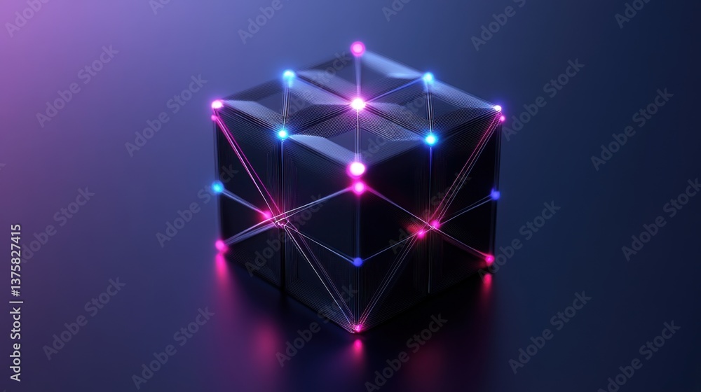 Poster a futuristic cube with glowing nodes connected by lines, showcasing a blend of technology and abstra