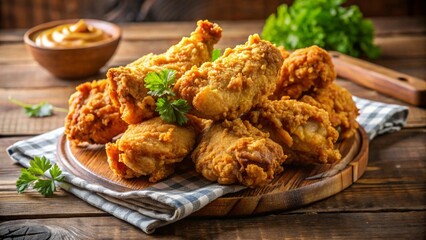 crispy coated batter southern style fried chicken in a wooden table
