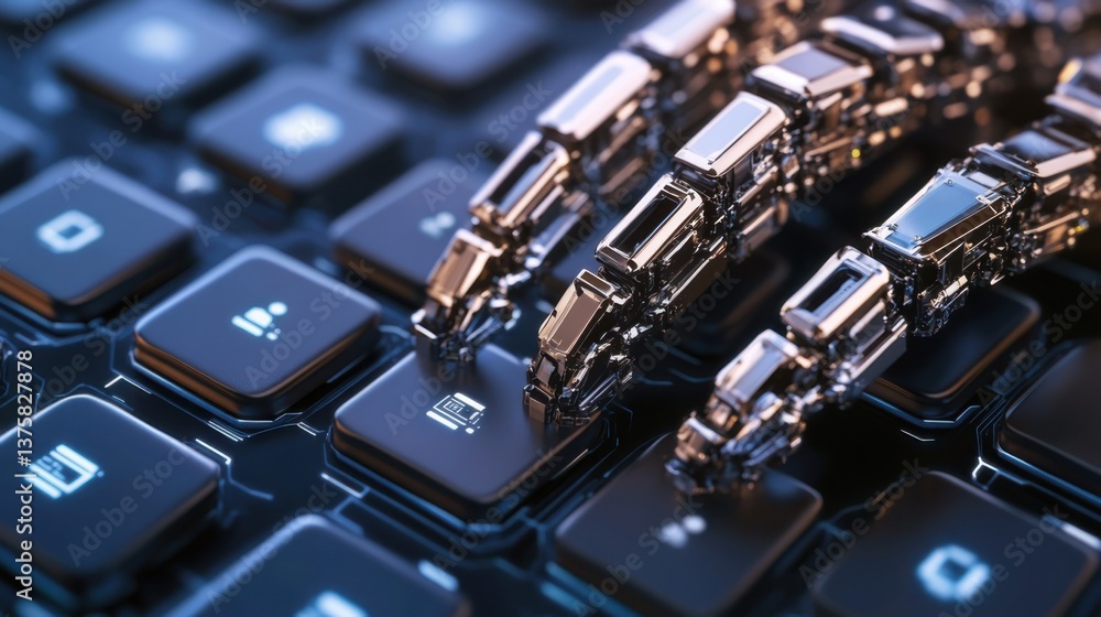Poster advanced robotic hands interact with a modern keyboard in a futuristic setting with intricate detail