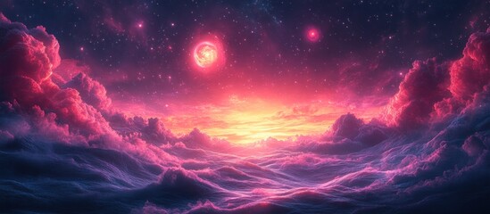 Fototapeta premium Pink celestial cloudscape with double sunset