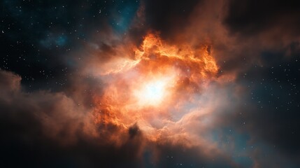 Celestial Inferno: An awe-inspiring vista unfolds, capturing a vibrant nebula ablaze with cosmic fire, swathed in a tapestry of celestial clouds and stardust.