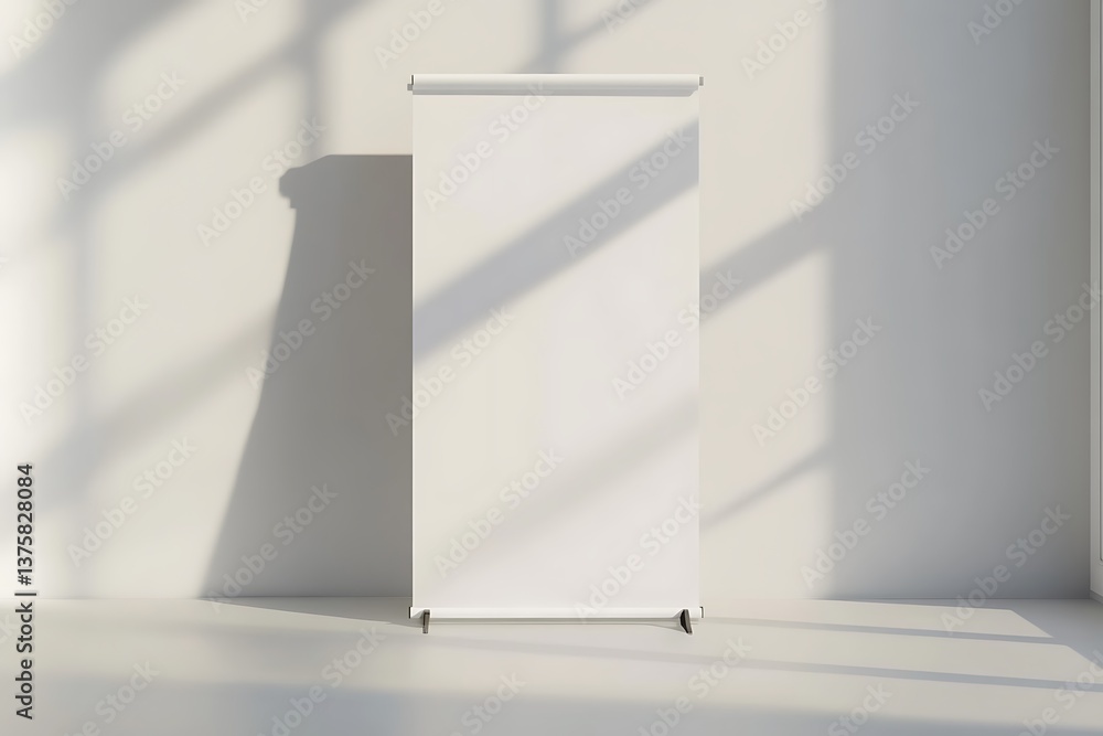 Poster standing white roll up banner display with window light and shadow on wall