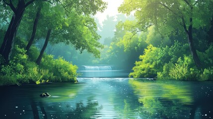 Obraz premium serene riverside landscape with cascading waterfall and lush greenery reflecting in calm water a tranquil nature escape illustration