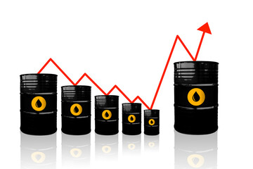 Crude oil prices go up. Crude oil barrels on a white background with soft reflection