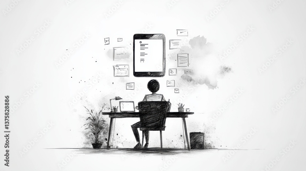 Poster a person sits at a desk, engaged with a large screen displaying notes and documents, surrounded by s