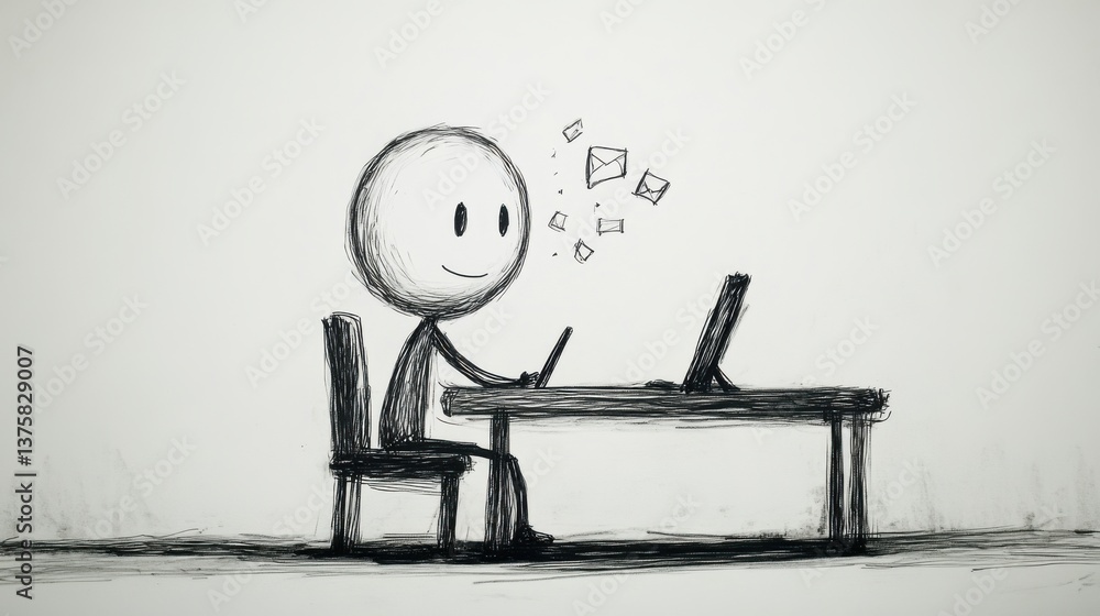 Poster a simple sketch of a stick figure sitting at a desk, happily using a laptop, with icons representing