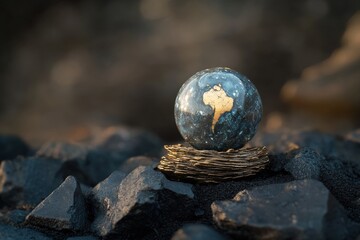 A small decorative earth globe resting on a layered surface