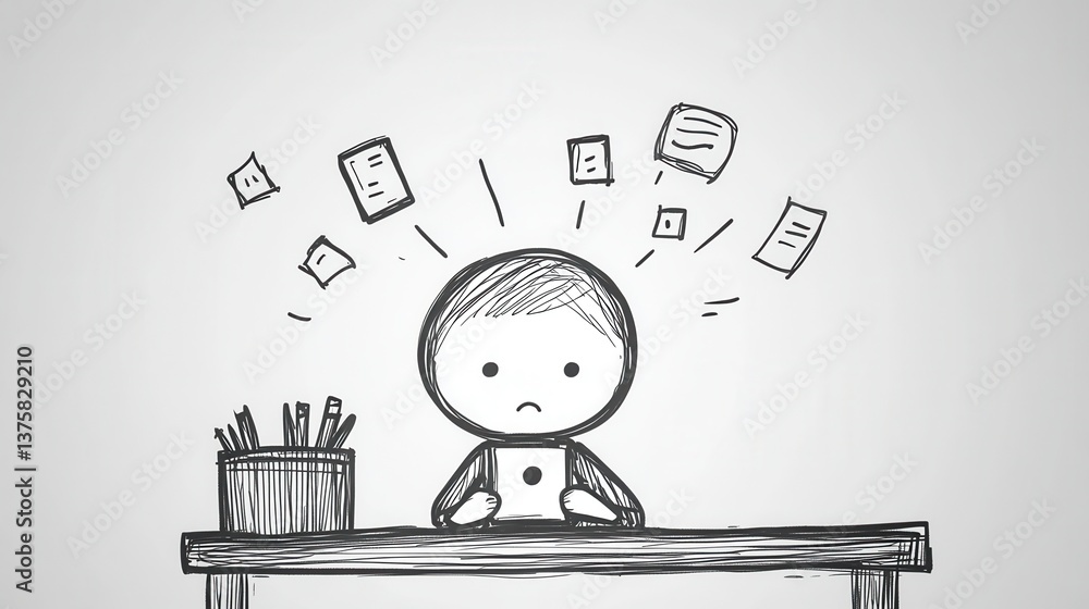 Poster a sketch of a child sitting at a desk, looking overwhelmed by floating papers and notes, conveying a