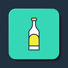 Filled outline Bottle of wine icon isolated on blue background. Turquoise square button. Vector