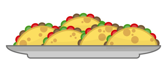 Tasty Mexican Tacos on a Plate. Vector Flat Illustration of Traditional Street Food for Menu, Restaurant, or Cooking Concept.