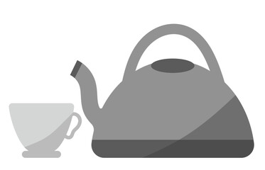 Gray kettle with a tea cup. Vector kitchen illustration in a flat style. Elegant teapot and ceramic mug for a cozy hot beverage moment. Classic home tea setup.
