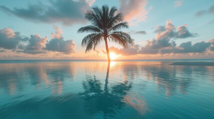 Fototapeta premium A single palm tree stands tall over calm turquoise waters, basking in the warm glow of a tropical sunrise.