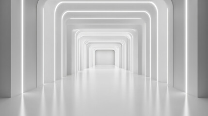 Bright Minimalist Corridor with Futuristic Neon Light Arches