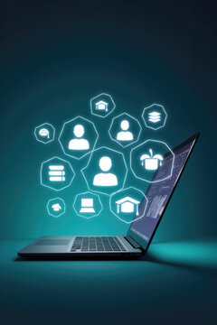 Modern Laptop with Holographic Educational Icons Against Teal Background